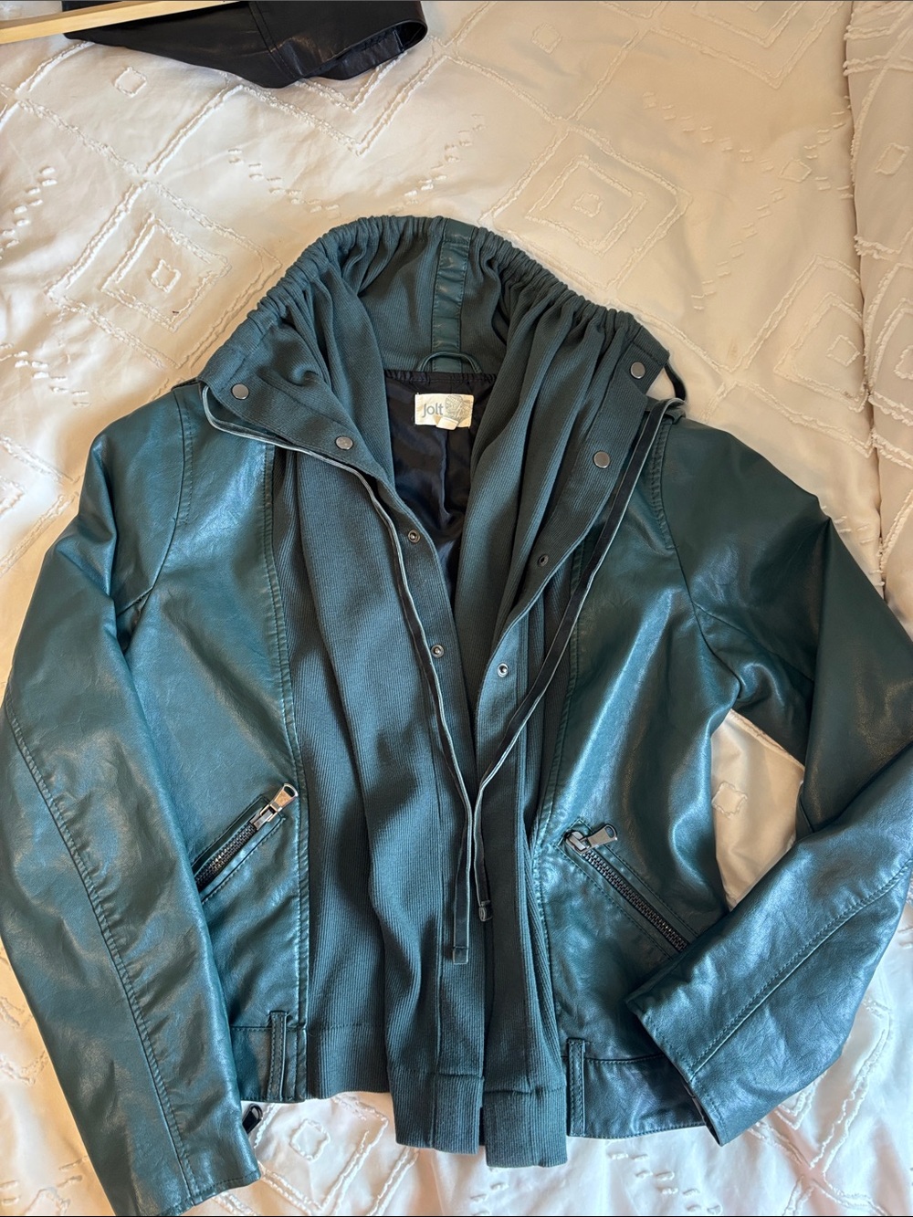 Jolt Deep Teal Faux Leather Hooded Jacket